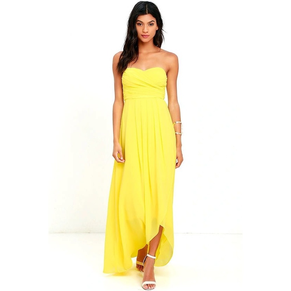 NWT Lulus Maxi Dress Yellow Strapless Chiffon Gown High-Low Tulip 65190 Large
